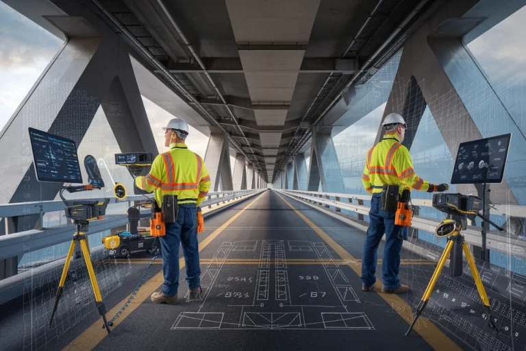 Engenheiros civis realizam inspeção técnica em uma ponte rodoviária, utilizando equipamentos avançados de medição e análise estrutural. Telas digitais exibem dados técnicos e projeções de engenharia, destacando a importância da manutenção preventiva na infraestrutura viária. A cena enfatiza tecnologia, precisão e segurança na gestão de pontes.