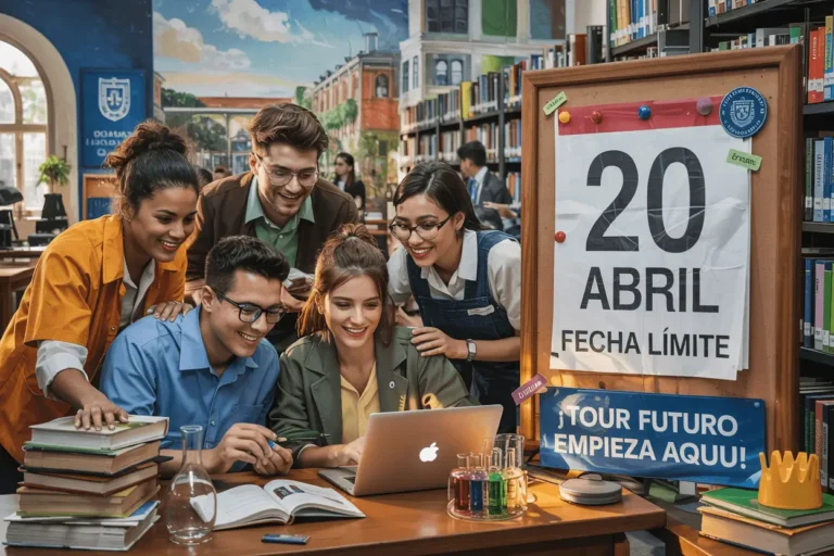 Diverse group of smiling university students collaboratively working on a laptop in a vibrant library setting. A large calendar prominently displays "20 ABRIL FECHA LÍMITE" (April 20th Deadline), likely related to applications for opportunities such as Becas Progresar Superior scholarships. A sign in Spanish reads "¡Tu futuro empieza aquí!" (Your future starts here!). Books and learning materials are scattered on the table, emphasizing the academic environment.