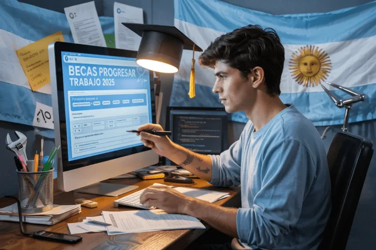 Young Argentine student registering for Becas Progresar Trabajo 2025 scholarship program on computer with application form displayed, national flag background, focused on completing government education funding application process.