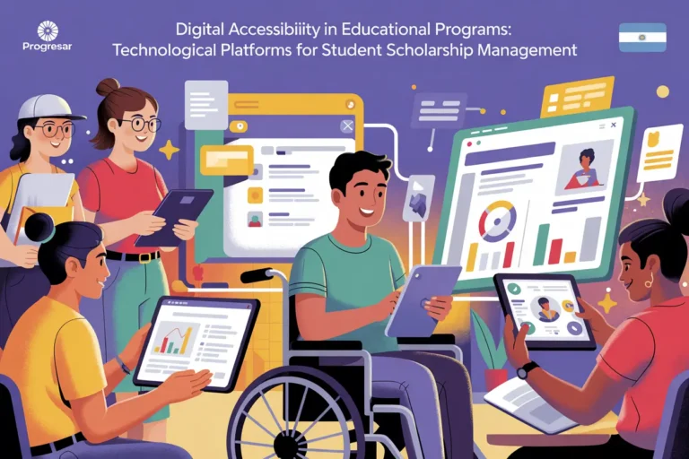 Diverse students collaborating with digital educational platforms for scholarship management. The illustration shows students of different backgrounds interacting with accessible interfaces, including a person in a wheelchair. Multiple digital elements such as forms, video players, and data visualizations represent the Progresar program's technological accessibility features that promote inclusive education and equal opportunities for all students regardless of ability.