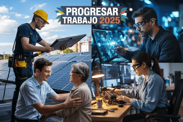 Four technical professionals from Progresar Trabajo 2025 scholarship program: solar panel technician, cybersecurity specialist, healthcare worker with elderly patient, and female engineer working with robotics, showcasing high-demand careers with Argentine government funding.