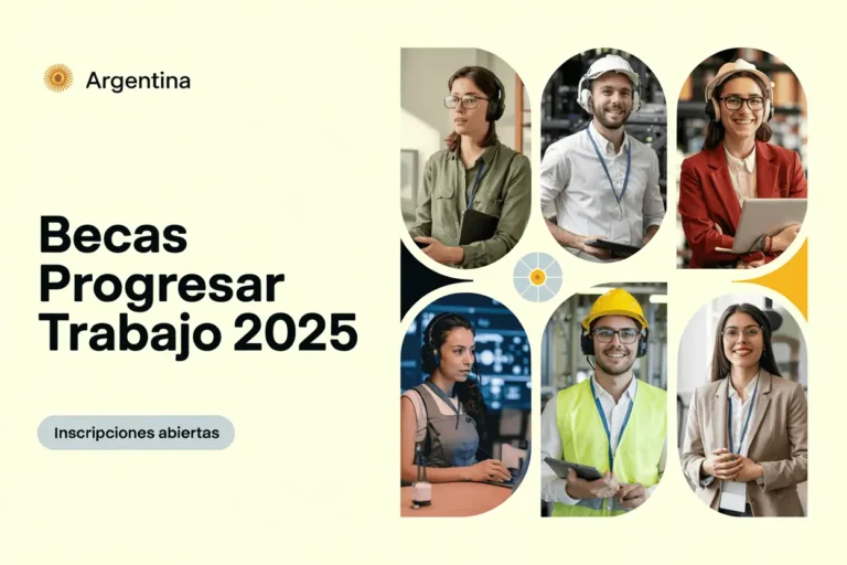 Young diverse Argentine professionals in various technical fields represented by the Becas Progresar Trabajo 2025 scholarship program, including technology specialists, engineering and construction workers wearing safety gear, showing career advancement opportunities with "Inscripciones abiertas" banner.