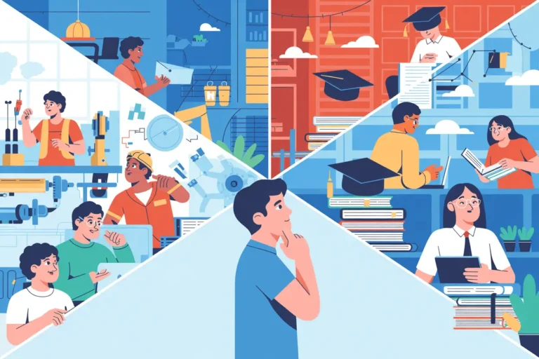 Young person contemplating education choices with technical training on left side (workshops, tools, hands-on learning) and university education on right side (academic books, graduation caps, studying) in a blue-themed illustration for Bella Infra.
