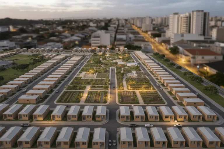 Aerial view of modern Brazilian social housing development showcasing MCMV 2025 superior qualification terrain requirements with flat topography, integrated community gardens, nearby public infrastructure, paved access roads, and sustainable urban planning elements for affordable housing projects
