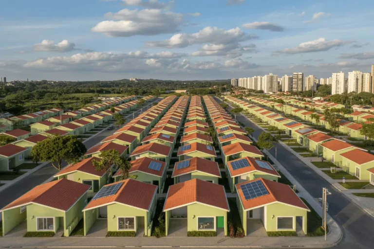 Aerial view of modern sustainable housing development in Brazil showing organized residential houses with red tile roofs, green trees integration, and proper urban infrastructure representing the Minha Casa Minha Vida 2025 program with 110000 new units and environmental solutions