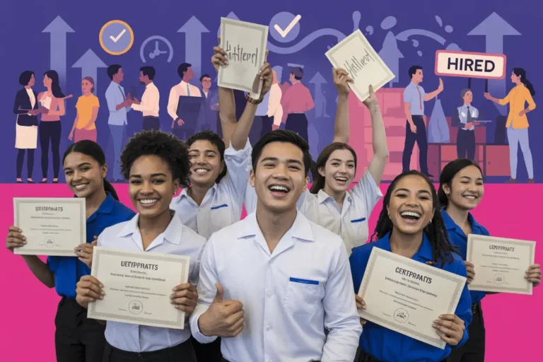 Young professionals celebrating successful job placement after completing Progresar Trabajo technical courses, showing certificates and employment success symbols representing high employability and rapid labor market insertion in Argentina 2025