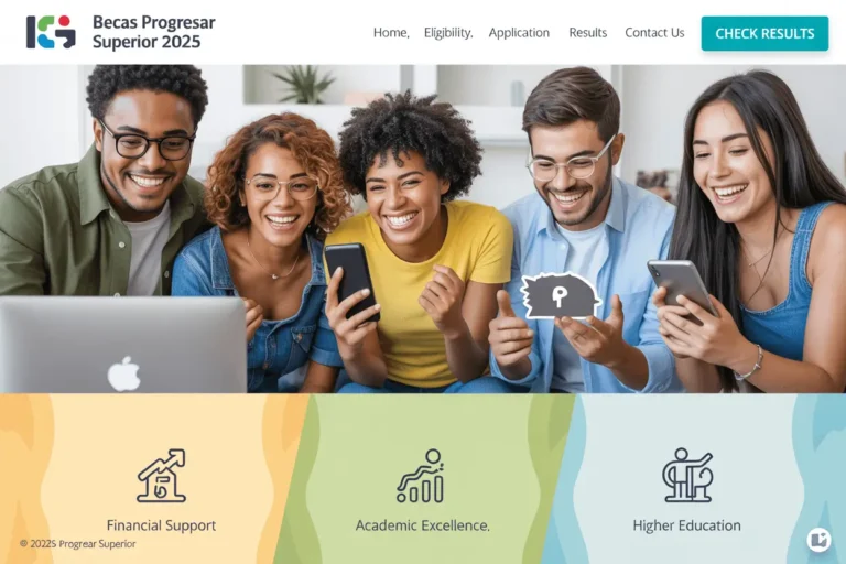 Diverse students checking Becas Progresar Superior 2025 scholarship results online on laptop and mobile, financial support and academic success
