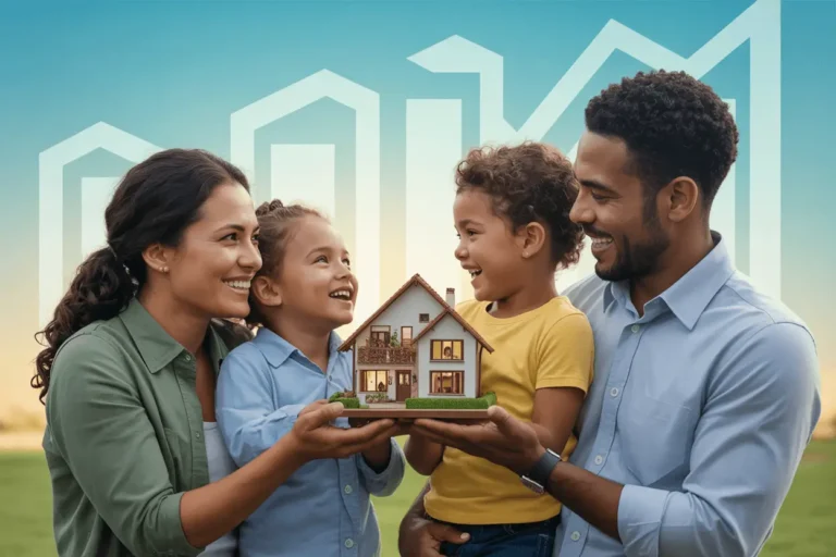 Happy Brazilian family holding miniature house model representing MCMV 2025 home buying program - Bella Infra guide for homeowners
