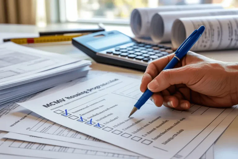 Professional workspace showing detailed MCMV Portaria 488 checklist being completed with pen, surrounded by housing program documents and timeline materials for project approval process