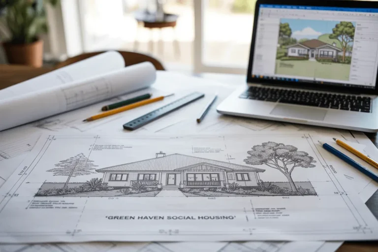 Architect's technical drafting table with detailed blueprints of single-story social housing and sustainability specifications for MCMV Portaria 489, showing simple house designs with mandatory porches and technical documentation