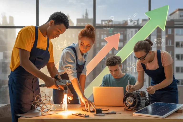Young entrepreneurs working with technical equipment from Progresar Trabajo courses including welding tools, solar panels, laptops, and repair equipment, representing the transformation from technical training to business ownership in Argentina 2025
