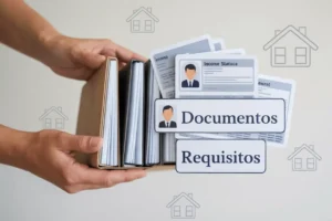 Hands holding organized folders with documents and papers labeled "Documentos" and "Requisitos" with house icons in background, representing MCMV 2025 housing program documentation requirements in Brazil