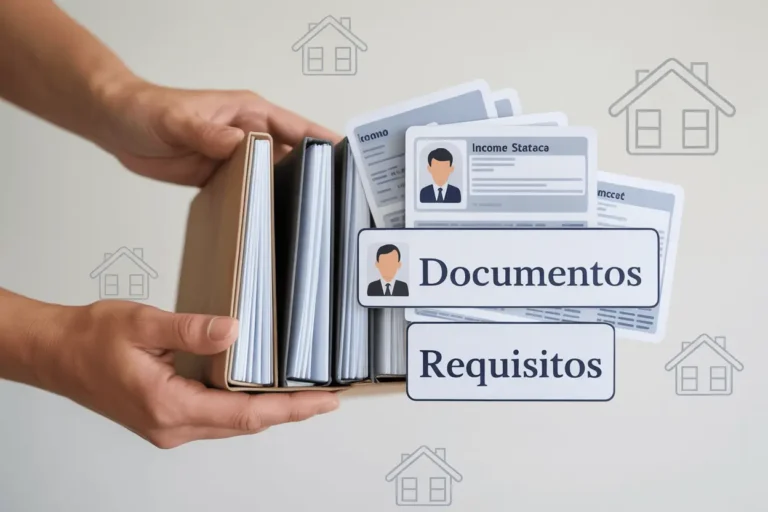 Hands holding organized folders with documents and papers labeled "Documentos" and "Requisitos" with house icons in background, representing MCMV 2025 housing program documentation requirements in Brazil
