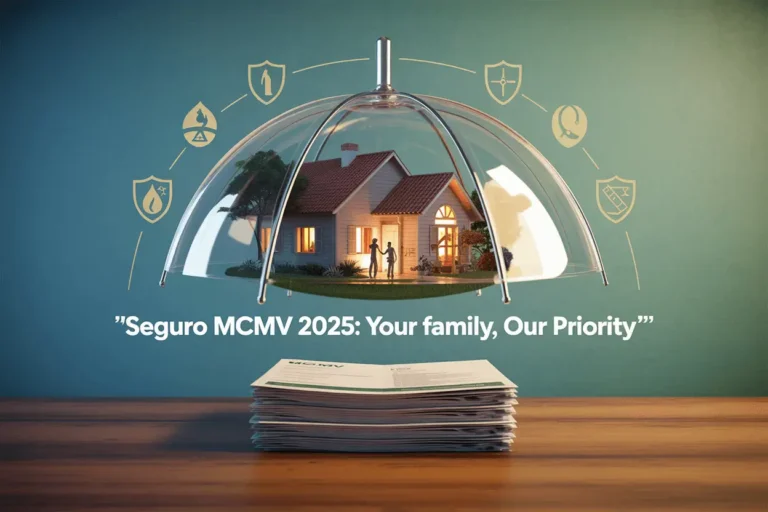 Family home protected under transparent dome shield with security icons and insurance symbols, text reading "Seguro MCMV 2025: Your family, Our Priority" representing Brazilian housing program insurance coverage