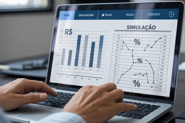 Person using laptop computer displaying MCMV 2025 financing simulation dashboard with charts and mortgage calculator for Brazilian housing program