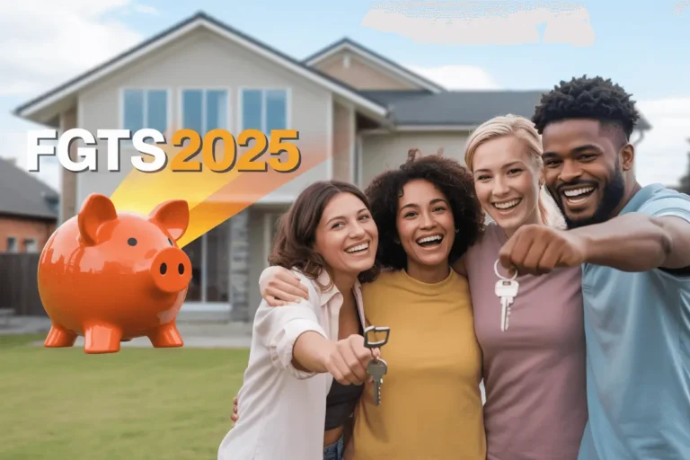 Happy group of diverse people celebrating home ownership achievement, holding house keys in front of modern house with orange piggy bank and "FGTS 2025" text, representing successful homebuyers who used Brazilian FGTS savings fund to purchase their own property