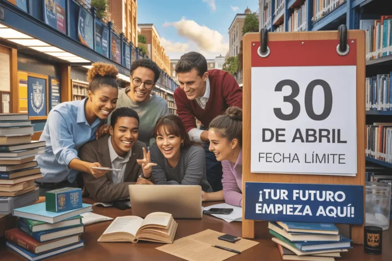 Diverse group of smiling university students collaboratively working on a laptop in a vibrant library setting. A large calendar prominently displays “30 ABRIL FECHA LÍMITE" (April 20th Deadline), likely related to applications for opportunities such as Becas Progresar Superior scholarships. A sign in Spanish reads "¡Tu futuro empieza aquí!" (Your future starts here!). Books and learning materials are scattered on the table, emphasizing the academic environment.